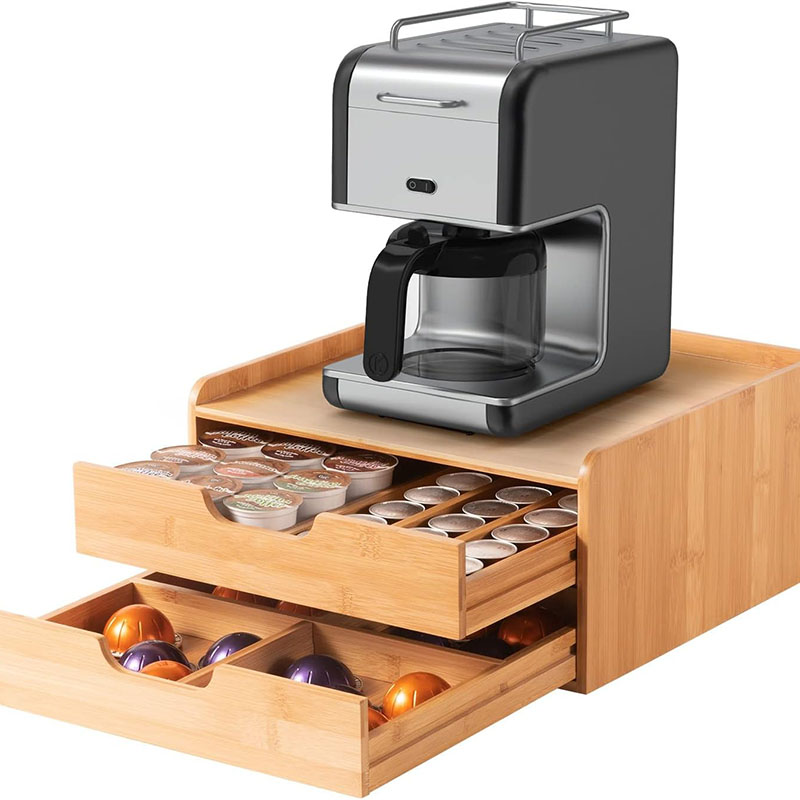 Bamboo Coffee Pods Holder Storage Stand with Drawers