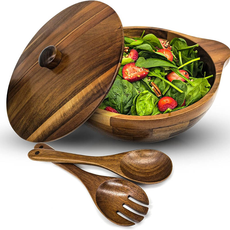 Acacia Wood Salad Bowl Set with Handles Lid Serving Utensil