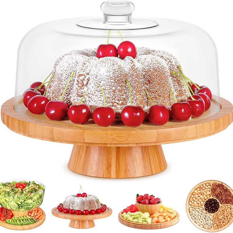 Multifunctional Bamboo Cake Stand Holder with Lid