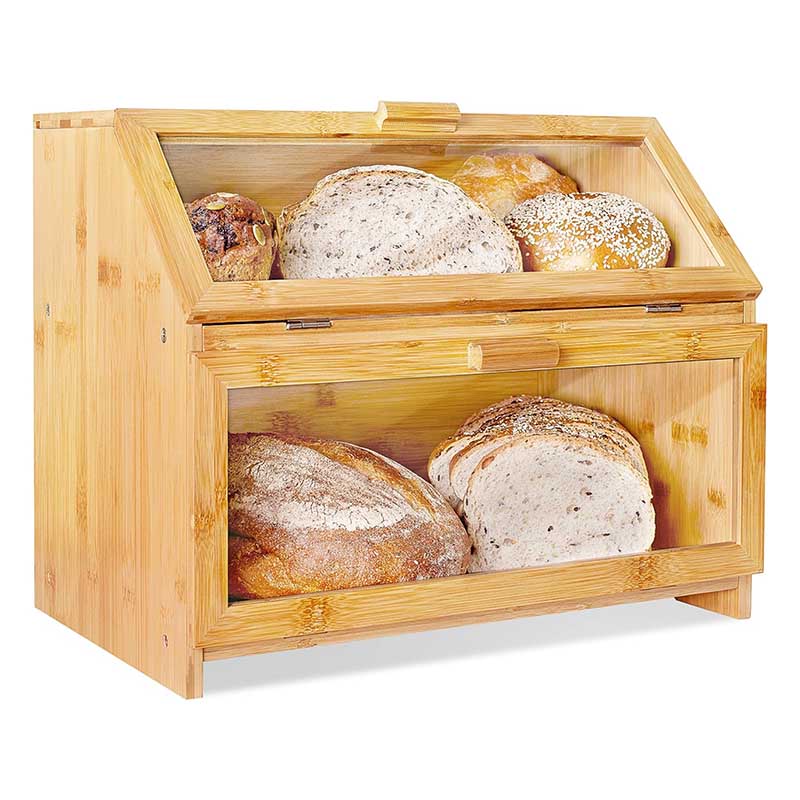 Double Layer Bamboo Bread Box for Kitchen Storage Container