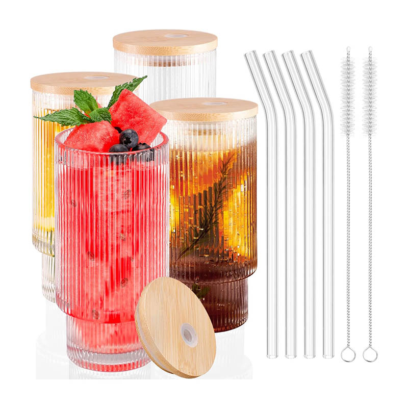 Ribbed Glassware Drinking Glasses with Lid and Straws