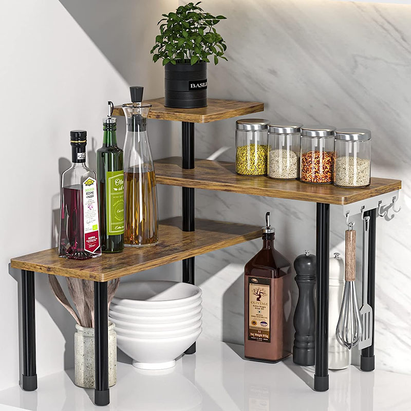 Kitchen Countertop 3 Tier Corner Shelf Organizer with Hooks
