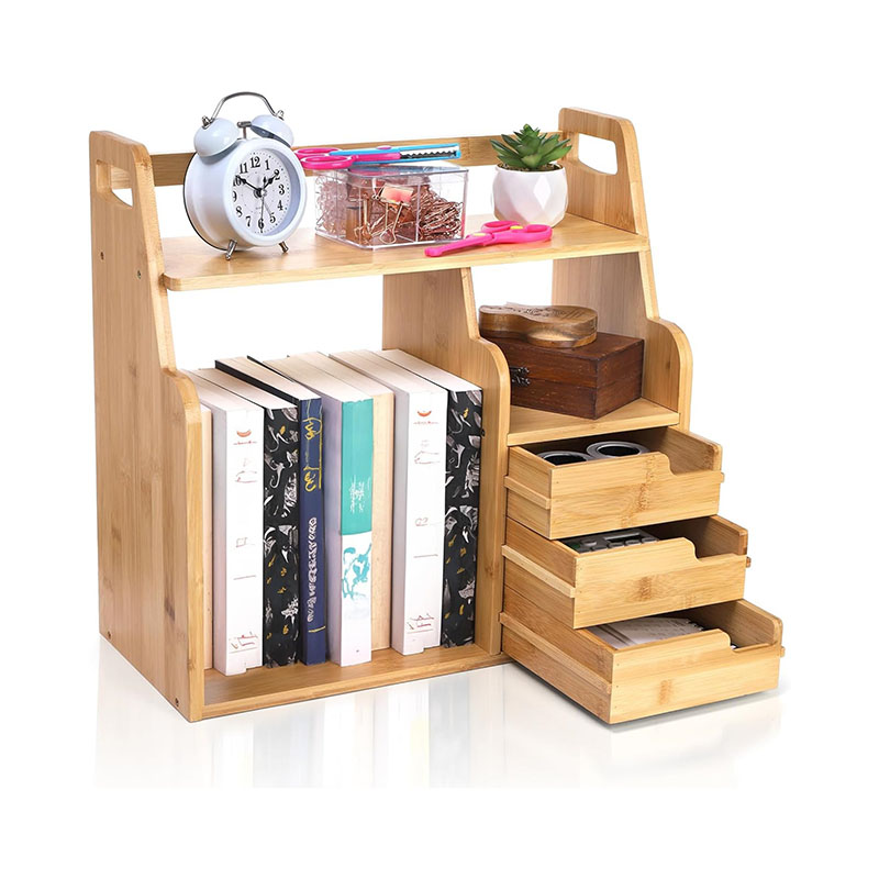Bamboo Office Desktop Bookshelf Organizer with 3 Drawers