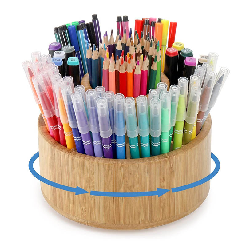 Rotating Bamboo Pen Holder Organizer with Compartments
