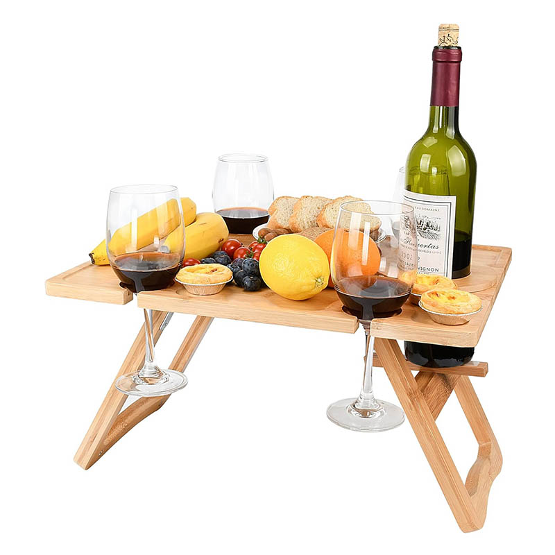 Folding Bamboo Picnic Table with Wine Glasses Holder Outdoor Tray