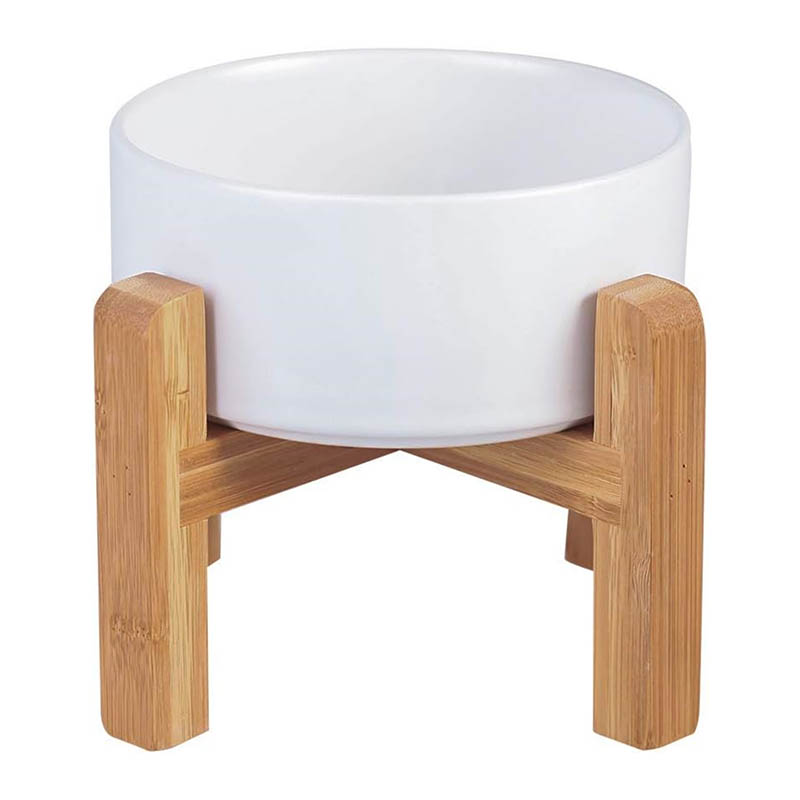 Elevated Ceramic Cat Food Bowl with Bamboo Stand