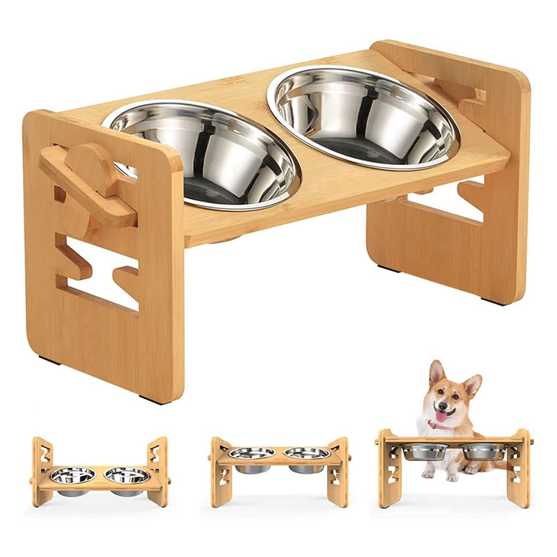 Adjustable Bamboo Pet Feeder with Stainless Steel Bowl