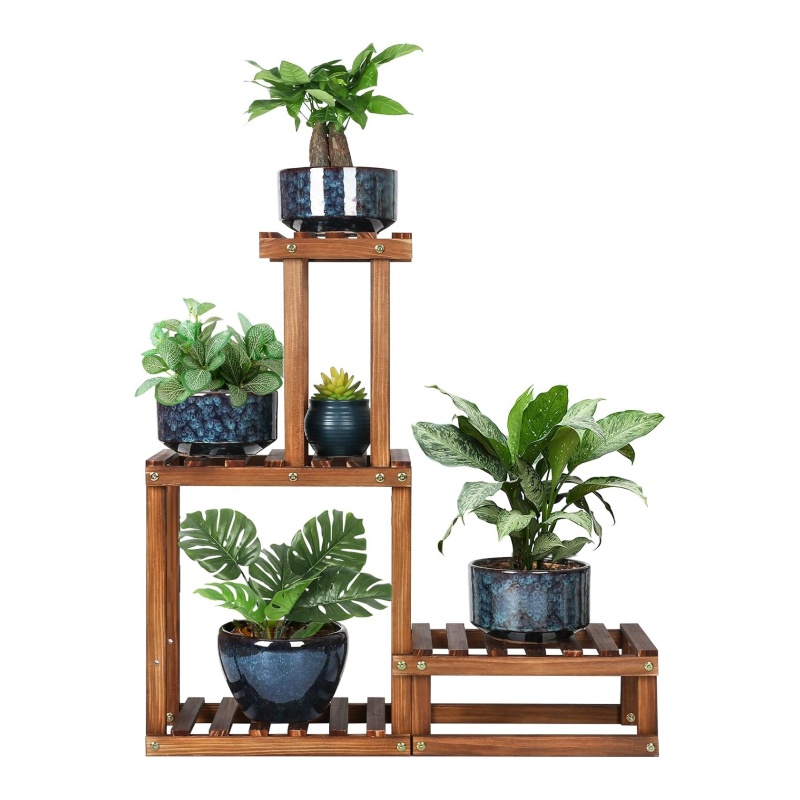 Eco-friendly wooden potted display stands add elegance to green plants