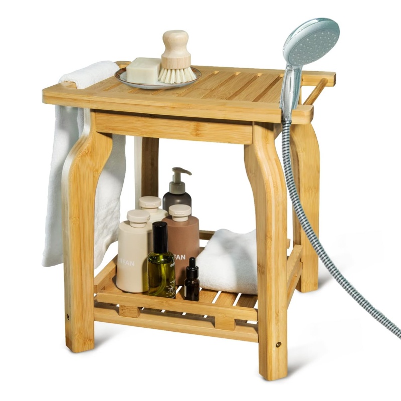 Bamboo bathroom stools enhance the texture and functionality of the bathroom space