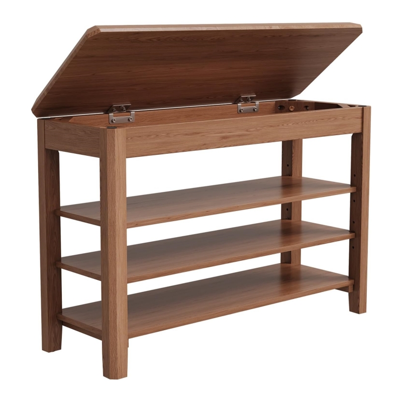 The wooden shoe stool offers a dual experience of comfort and practicality