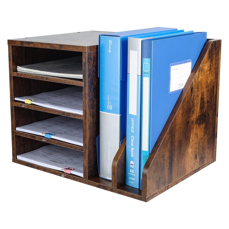 The wooden document organizing rack infuses your office space with a natural touch