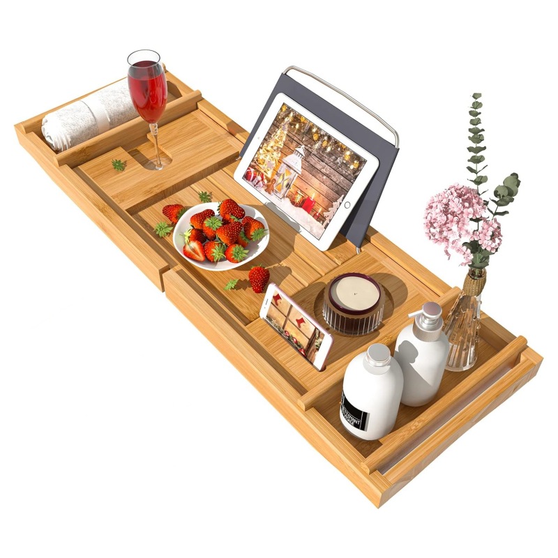 The fashionable bamboo bathtub tray blends perfectly into the modern bathroom