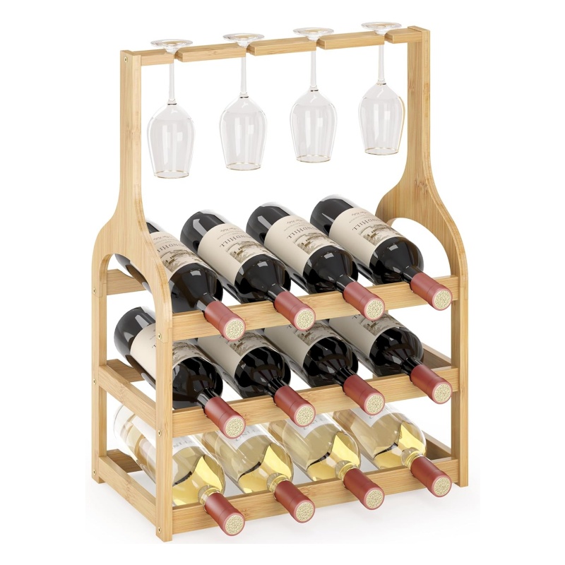 The bamboo wine display stand perfectly showcases the unique charm of the wine bottles