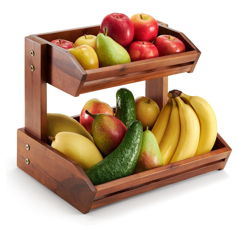 The wooden fruit basket makes the kitchen space appear more orderly