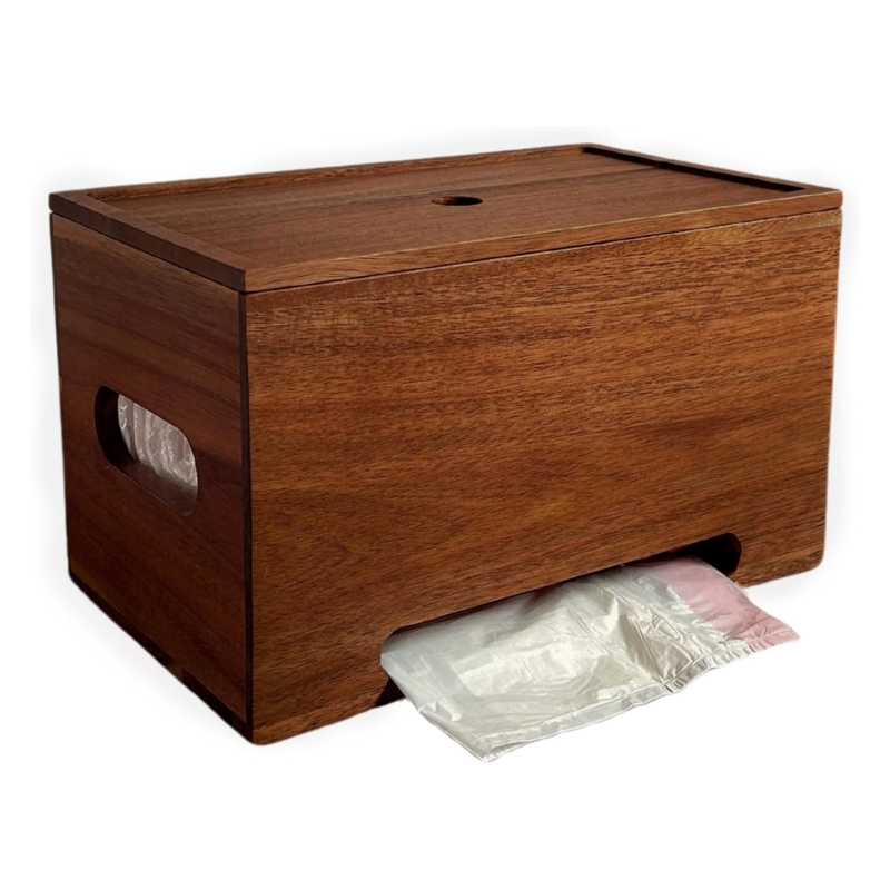 The practical wooden garbage bag dispenser makes cleaning more efficient
