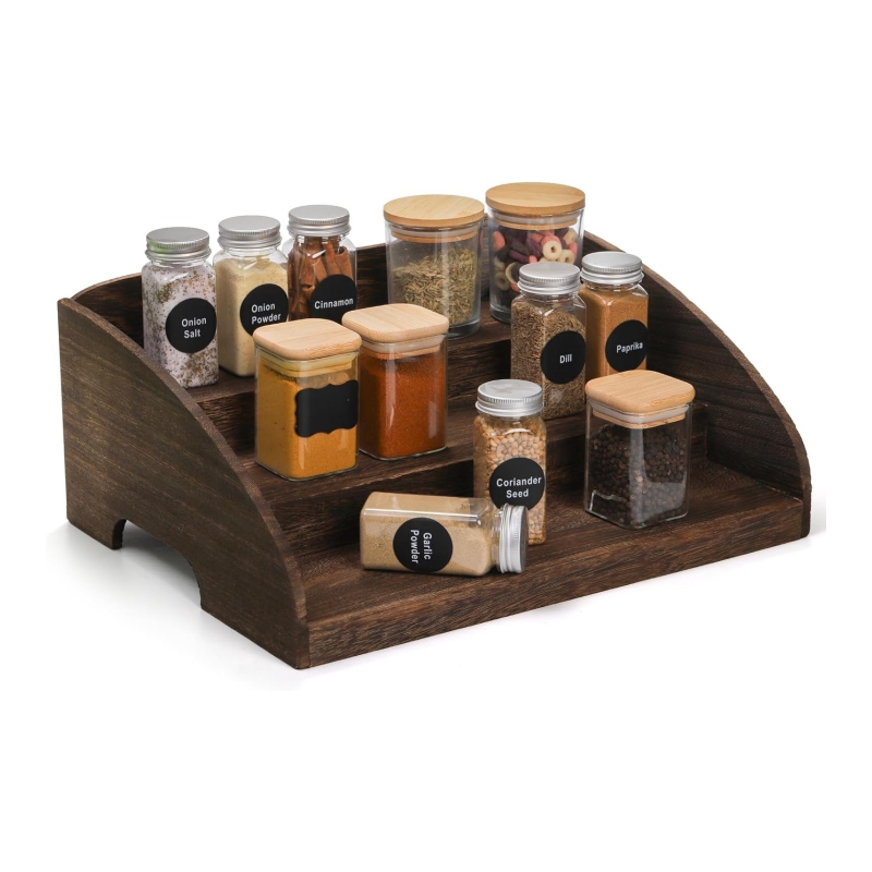 The wooden seasoning rack helps you easily organize small kitchen items