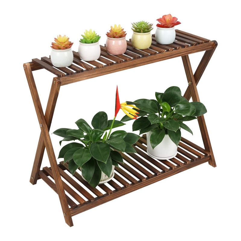 The wooden plant display stand brings a unique charm to the interior