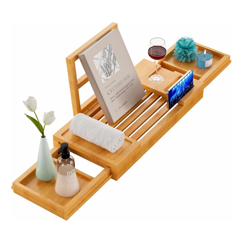 The bamboo bathtub rack brings a unique bathroom design sense