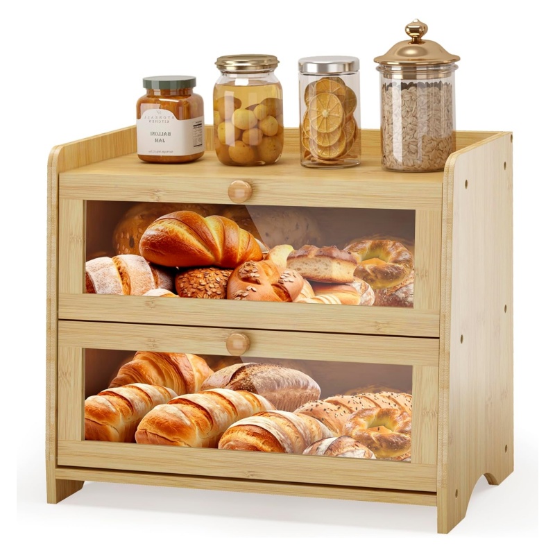 How can bamboo bread boxes help the kitchen achieve neat storage