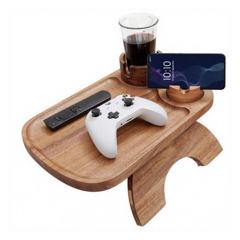 The wooden sofa tray is a decoration when not in use and a helper when needed