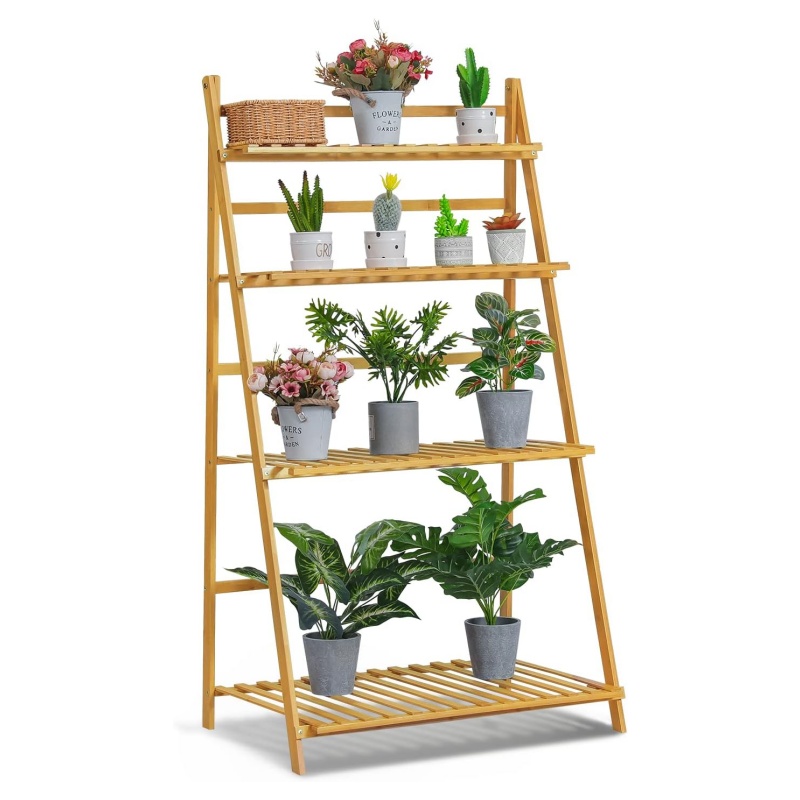 How can bamboo flower stands effectively utilize space to display different plants