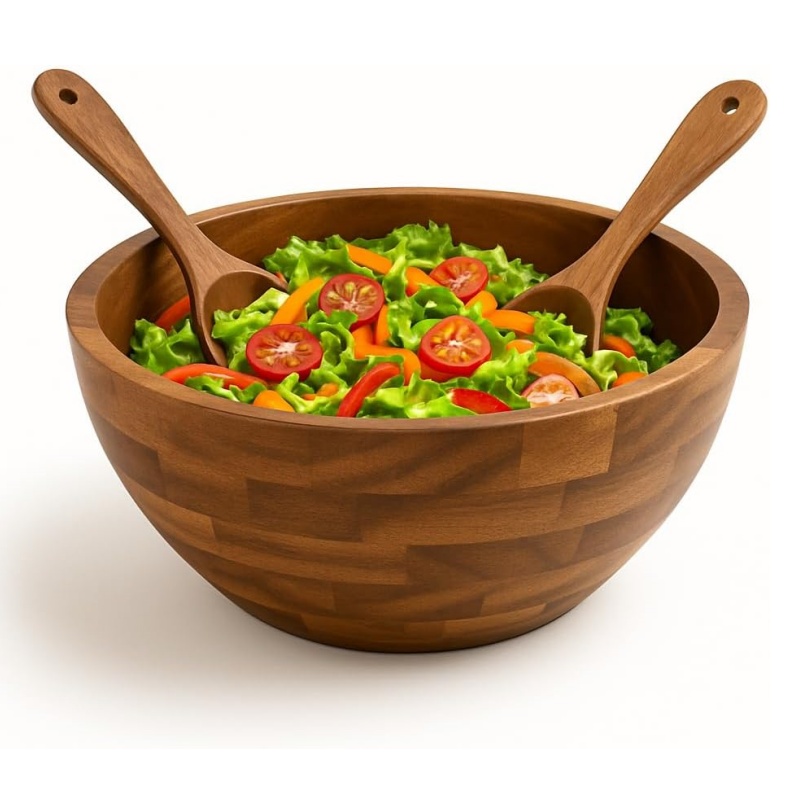 The wooden salad bowl defines the high-end feel of the dining table with its natural texture