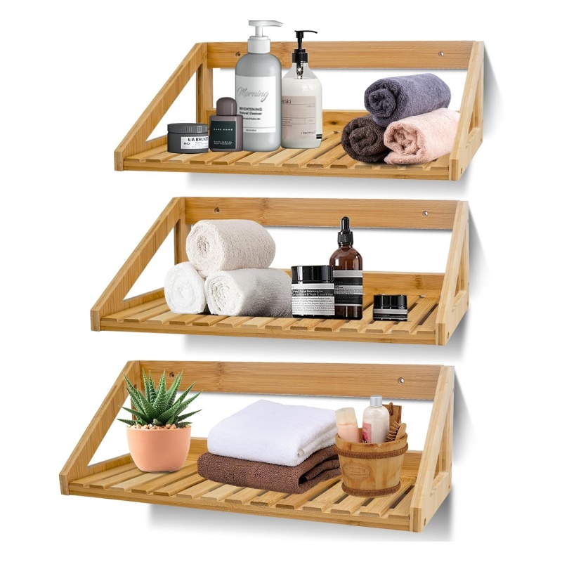 The bamboo wall-mounted storage rack saves desktop space when installed