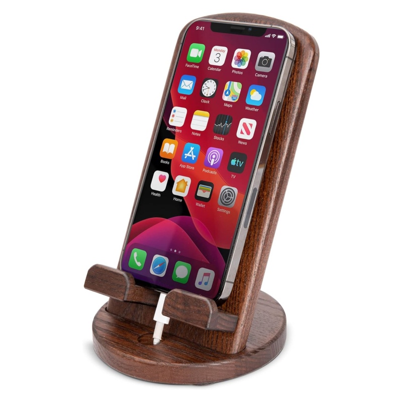 The wooden phone stand helps you organize your desk easily