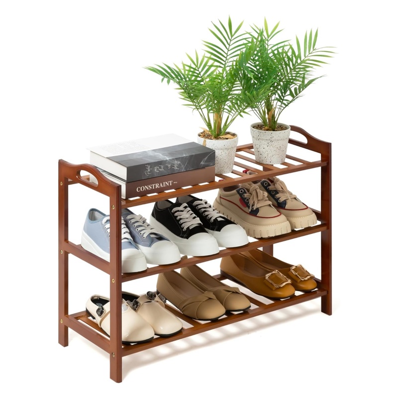 The handcrafted wooden shoe rack exudes a retro charm