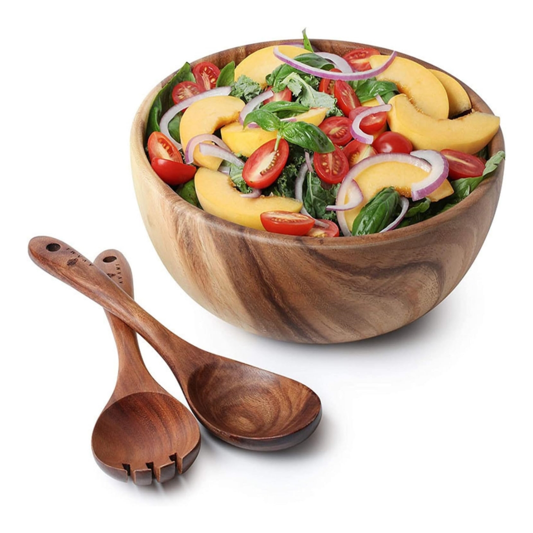 Acacia Wood Salad Bowl with Wooden Salad Tongs