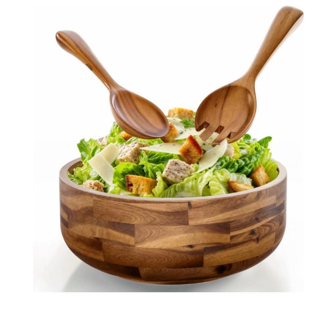 Large Acacia Wood Serving Bowl Set with Serving Hands