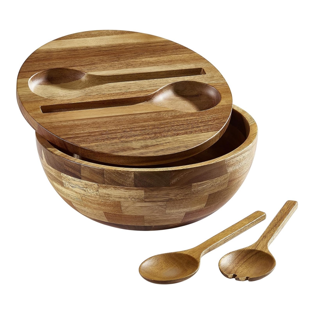 Wooden Salad Bowl with Serving Utensils