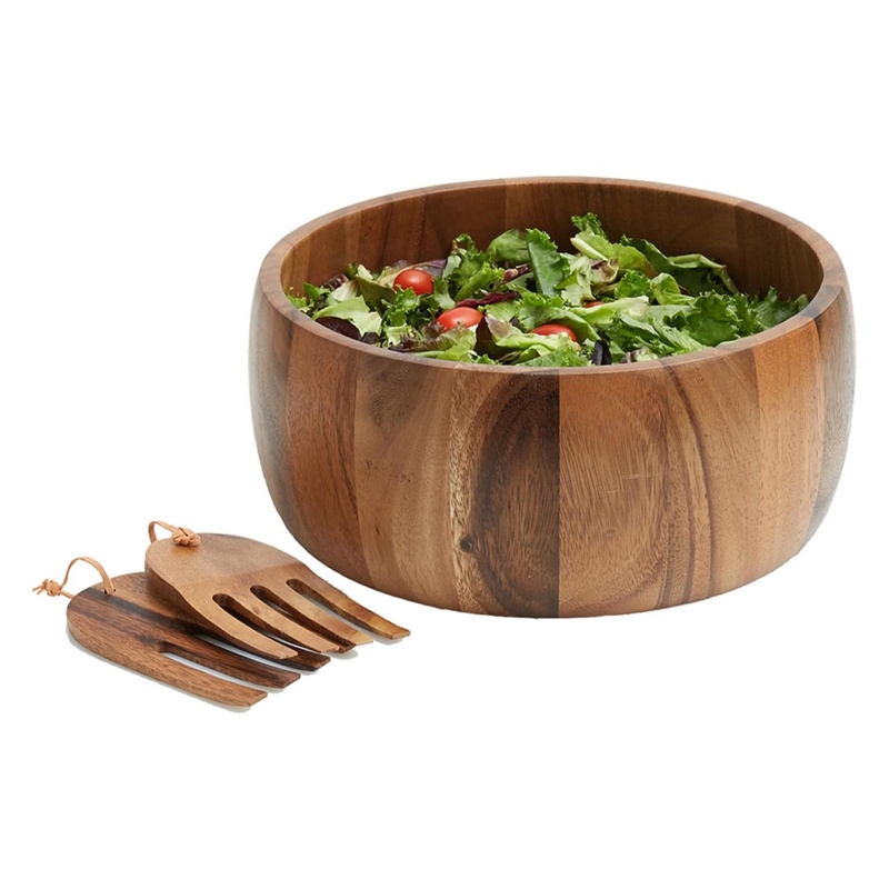 Acaica Wood Serving Bowl Set with Serving Hands