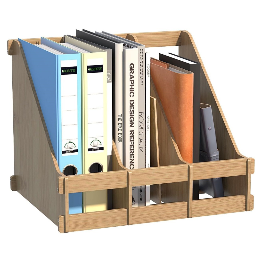 Bamboo Desktop Magazine Holder Desk File Organizer 3 Compartments