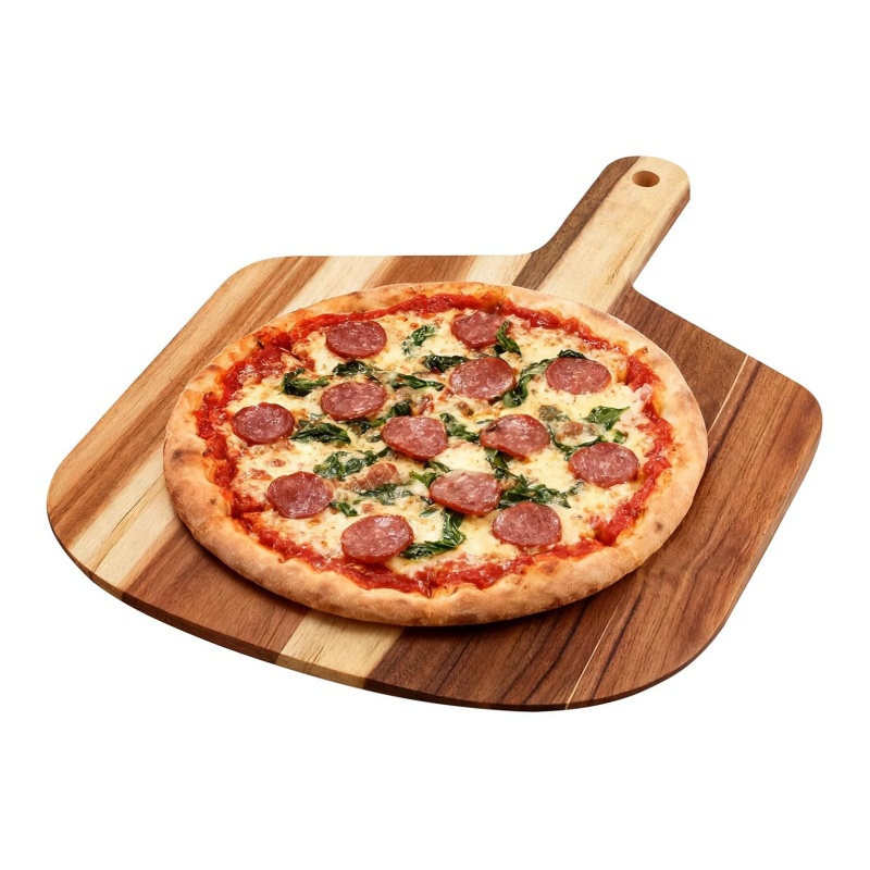 The wooden pizza board serves pizza without retouching the picture