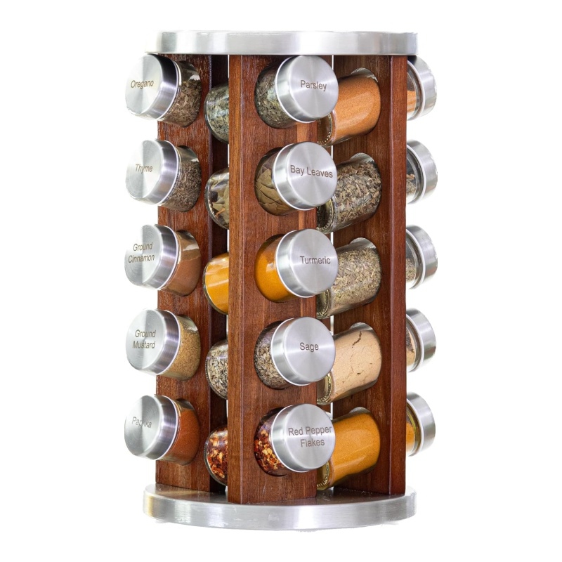 The design of the wooden spice rack makes the corner of the kitchen look neater