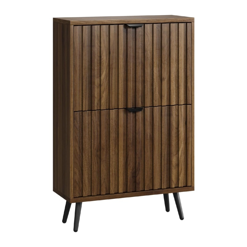 The wooden shoe cabinet is placed against the wall without blocking the way