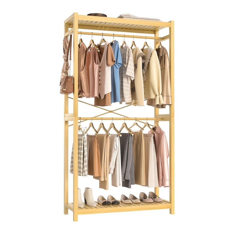 The natural texture of the bamboo coat rack makes the clothes look more upscale