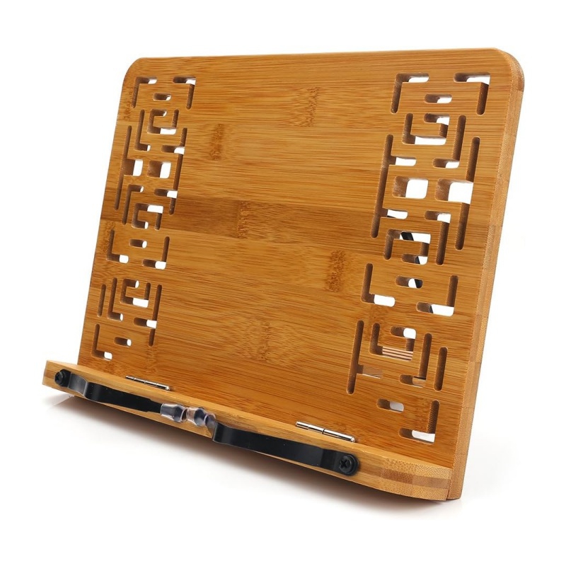 The detailed corner edges of the bamboo book stand can be seen to be carefully crafted.