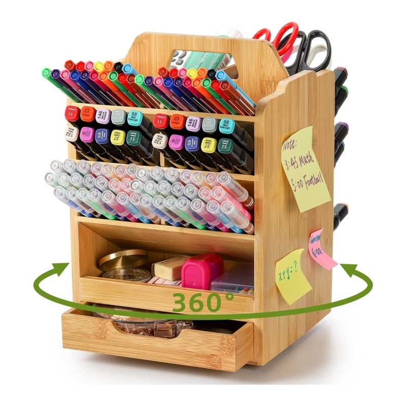 The multi-compartment bamboo pen holder holds all the small items on the desktop