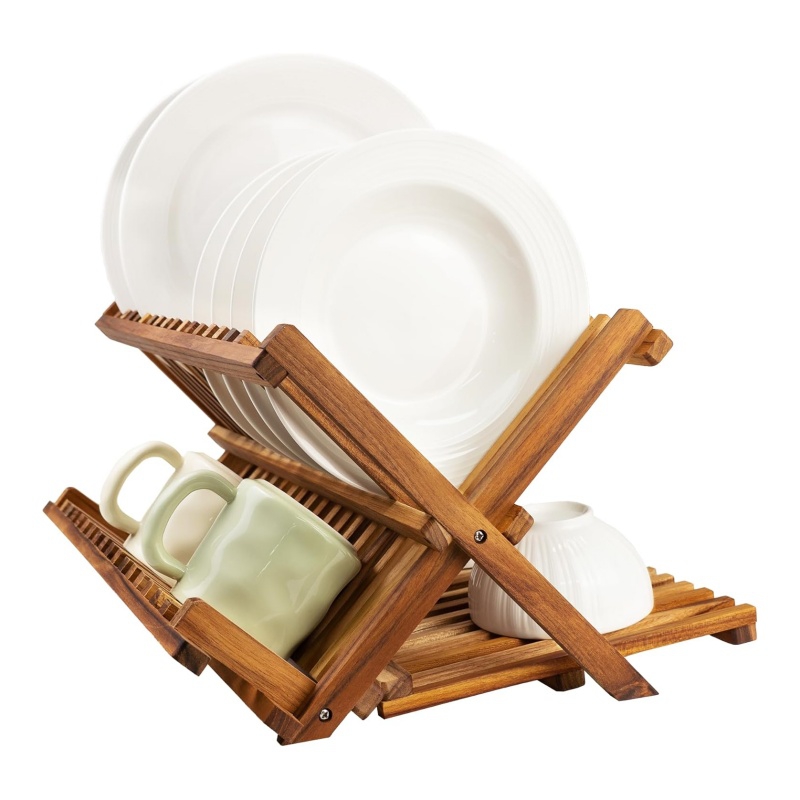The bamboo and wooden dish rack ingeniously saves kitchen space