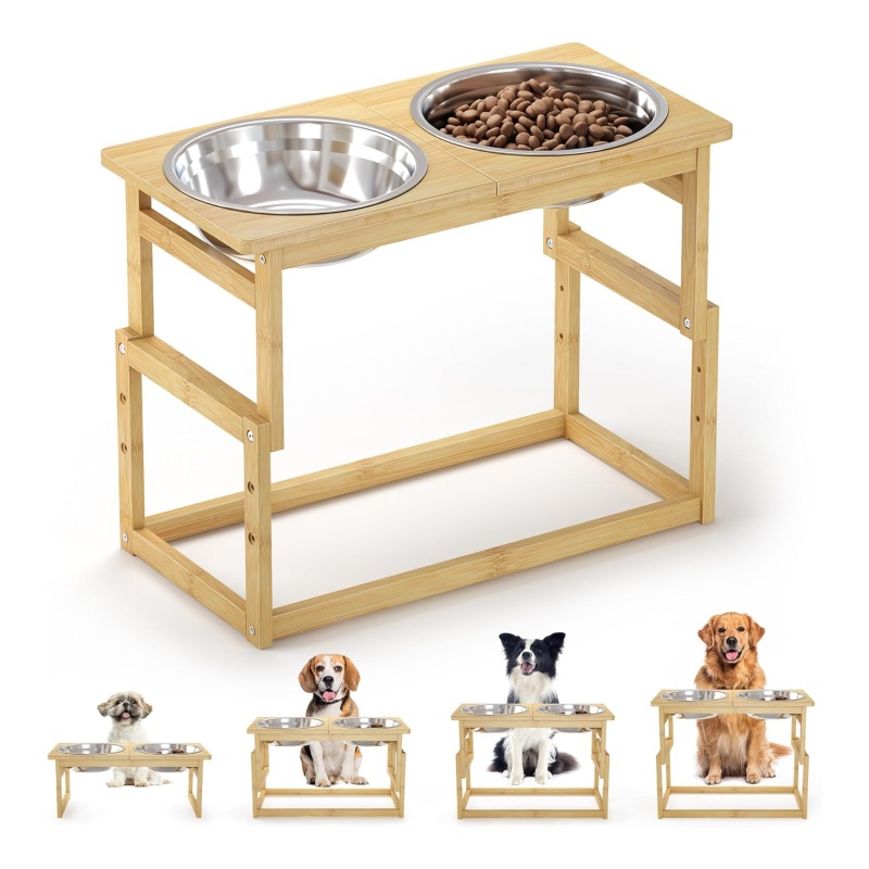 The bamboo feeding stand allows pets to eat together without
